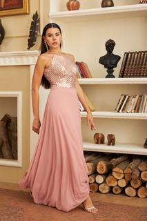 Длинное шифоновое вечернее платье с блестками и пудрой Carmen, розовый