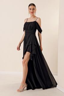 Длинное шифоновое платье с глубокими рукавами, длинными рукавами и воланом спереди, с боковыми разрезами спереди и на подкладке, черное By Saygı, черный