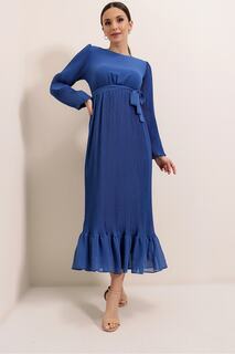 Длинное шифоновое платье со складками на подкладке, юбкой с оборками и саксами с поясом на талии By Saygı, темно-синий