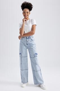 Длинные джинсовые брюки-карго прямого кроя из 100% хлопка DeFacto, синий