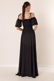 Длинное шифоновое платье с плиссированным воротником и воздушными рукавами, черное By Saygı, черный