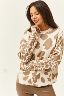Женский темно-коричневый свитер премиум-класса с круглым вырезом и мягкой текстурой Olalook, экрю