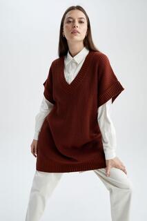 Длинный свитер Relax Fit с V-образным вырезом DeFacto, коричневый