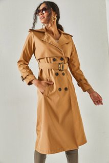 Женский тренч светло-коричневого цвета с карманами и пуговицами на поясе Olalook, коричневый