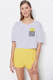 Желтый вязаный пижамный комплект из футболки и шорт с принтом из 100 % хлопка Trendyol