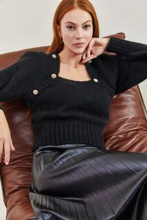 Женский трикотажный свитер с квадратным воротником и пуговицами Bianco Lucci, черный
