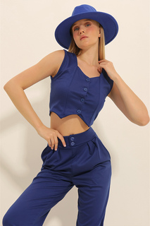 Женский укороченный жилет на пуговицах с воротником-сердечком Saks Trend Alaçatı Stili, темно-синий