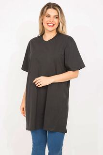 Женская антрацитовая блузка больших размеров с круглым вырезом и короткими рукавами 65n35361 Şans, серый