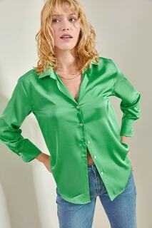 Женская базовая атласная однотонная рубашка Bianco Lucci, зеленый
