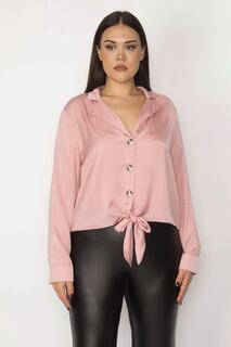 Женская атласная блузка больших размеров с розовой завязкой спереди 65n29915 Şans, розовый