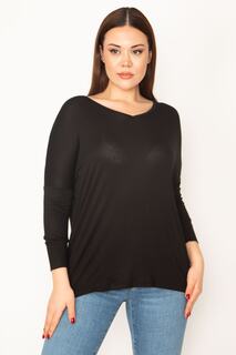 Женская базовая блузка размера плюс с v-образным вырезом и длинными рукавами Şans, черный
