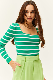 Женская базовая трикотажная блузка в полоску травяно-зеленого цвета с квадратным воротником Olalook, зеленый