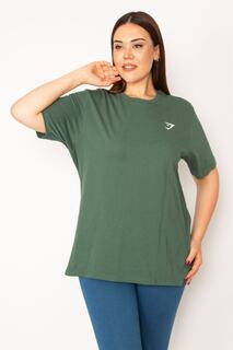 Женская базовая блузка большого размера зеленого цвета с круглым вырезом и короткими рукавами 65n33279 Şans, зеленый