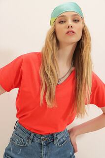 Женская базовая футболка кораллового цвета с v-образным вырезом Trend Alaçatı Stili, оранжевый