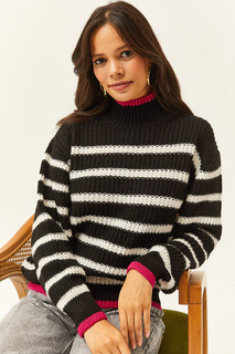 Женский черный вязаный свитер в полоску с воротником и юбкой в цветную полоску Olalook