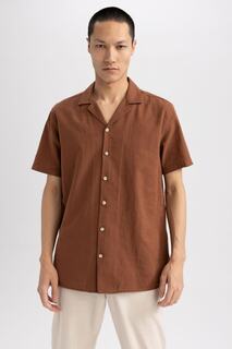 Рубашка Modern Fit из 100% хлопка с открытым воротником и короткими рукавами DeFacto, коричневый