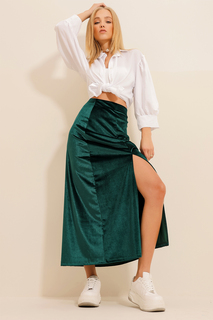 Женская бархатная юбка миди изумрудно-зеленого цвета с разрезом Trend Alaçatı Stili, зеленый