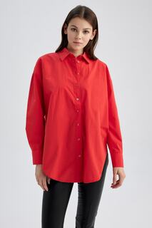 Туника из 100 % хлопка из поплина с длинными рукавами и воротником-рубашкой оверсайз DeFacto, красный