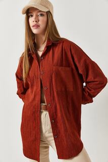 Женская бархатная длинная базовая рубашка оверсайз с плиточным карманом armonika, оранжевый