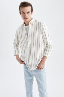 Рубашка из 100% хлопка из поплина с воротником поло и длинными рукавами стандартного кроя DeFacto, бежевый