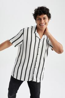 Рубашка в полоску из вискозы с коротким рукавом и вязаным крючком стандартного кроя DeFacto, черный