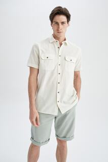 Рубашка из 100% хлопка с короткими рукавами и воротником-поло обычного кроя DeFacto, экрю