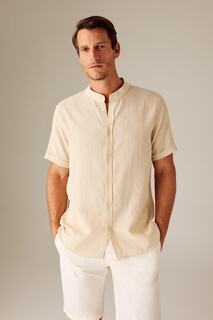 Рубашка из 100% хлопка с короткими рукавами и воротником-стойкой стандартного кроя DeFacto, экрю