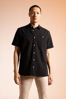 Рубашка из 100% хлопка с короткими рукавами и воротником-поло обычного кроя DeFacto, черный