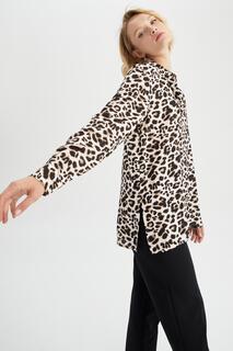 Рубашка из вискозы с длинными рукавами и леопардовым принтом Relax Fit DeFacto, бежевый