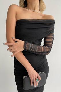 Тюлевая ткань на подкладке, с одним рукавом, с детальным облегающим кроем, длиной миди, черное вечернее платье-карандаш, выпускное платье lovebox, черный