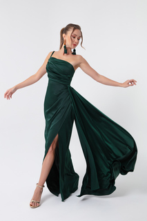 Женское атласное вечернее платье и выпускное платье на одно плечо изумрудно-зеленого цвета Lafaba, зеленый