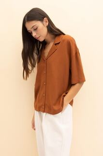 Рубашка из смесового льна с коротким рукавом и пижамным воротником Relax Fit DeFacto, коричневый