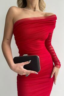 Тюлевая ткань на подкладке, с одним рукавом, облегающее платье длины миди, красное вечернее платье-карандаш, выпускное платье lovebox, красный
