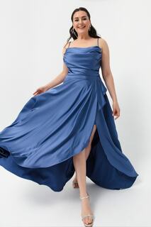Женское атласное вечернее платье с разрезом и разрезом цвета индиго, выпускное платье Lafaba, темно-синий