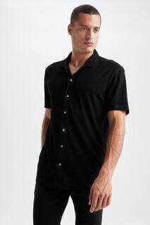 Рубашка обычного кроя с открытым воротником и короткими рукавами DeFacto, черный
