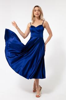 Женское атласное вечернее платье миди темно-синего цвета на тонких бретелях Lafaba, темно-синий