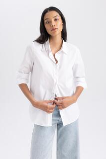 Рубашка оверсайз из 100% хлопка с рубашечным воротником и поплиновой рубашкой с длинными рукавами DeFacto, белый