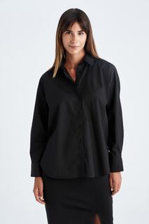 Рубашка оверсайз из 100% хлопка с рубашечным воротником и поплиновой рубашкой с длинными рукавами DeFacto, черный