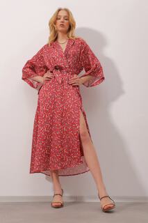 Женское атласное платье средней длины с рисунком пыльной розы, двубортный воротник на талии и пояс на внутренней подкладке ALC-X9865 Trend Alaçatı Stili, розовый