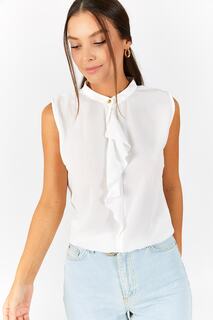 Женская белая блузка без рукавов с оборками спереди armonika, белый