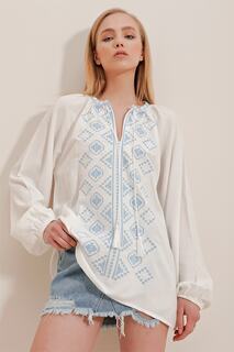 Женская белая блузка из вискозной ткани с этнической вышивкой Trend Alaçatı Stili, белый