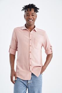 Рубашка приталенного кроя с длинными рукавами и льняным узором DeFacto, розовый