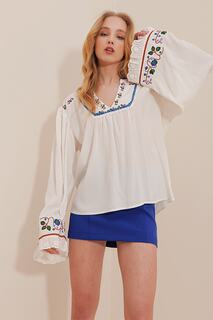 Женская белая блузка из тканого материала с v-образным вырезом и вышивкой Trend Alaçatı Stili, белый