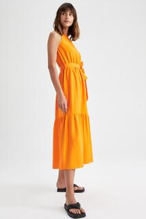 Летнее льняное платье миди с воротником-халтер и поясом DeFacto, оранжевый