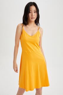 Летнее мини-платье из 100% хлопка с V-образным вырезом и бретельками DeFacto, желтый