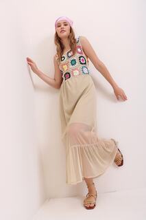 Женское бежевое платье с квадратным воротником, связанное крючком Karsote с цветочным мотивом, на подкладке, Trend Alaçatı Stili, бежевый