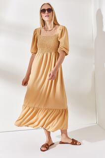 Женское бежевое платье-халат, повседневное платье миди Olalook, бежевый