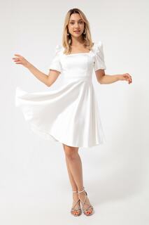 Женское белое атласное вечернее платье миди с воздушными рукавами расклешенного кроя Lafaba, белый