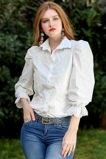 Женская белая винтажная рубашка с лоскутным шитьем и вышивкой на рукавах спереди с фестонами Chiccy, белый