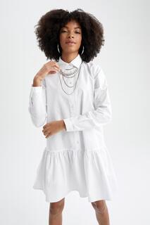 Летняя рубашка из поплина с воланным воротником и длинными рукавами, мини-платье из 100% хлопка DeFacto, белый